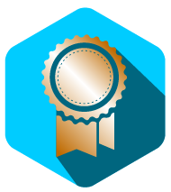 Bronze award ribbon on a blue hexagon background with a long shadow.