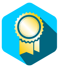 Gold award ribbon inside a blue hexagon with a long shadow.