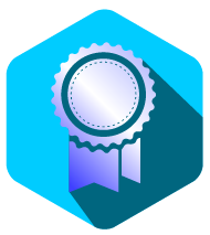 Silver award ribbon icon on a blue hexagon, with a long shadow.