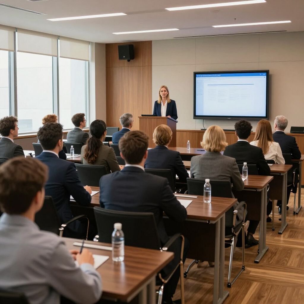 A woman lectures at a podium in a conference room with attendees seated at desks, looking at the screen.