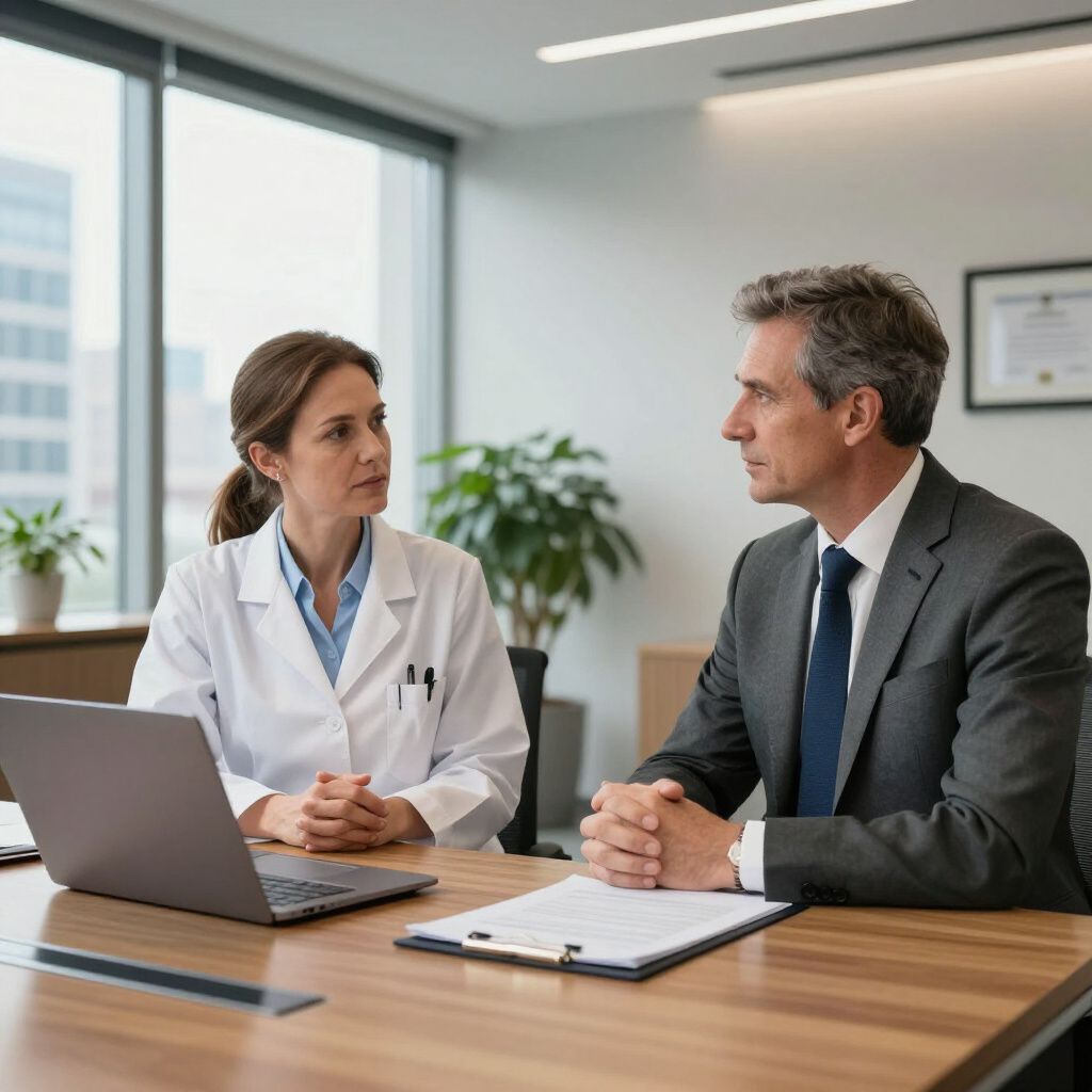 Doctor in white coat and businessman in suit at a table, looking at each other in an office setting.