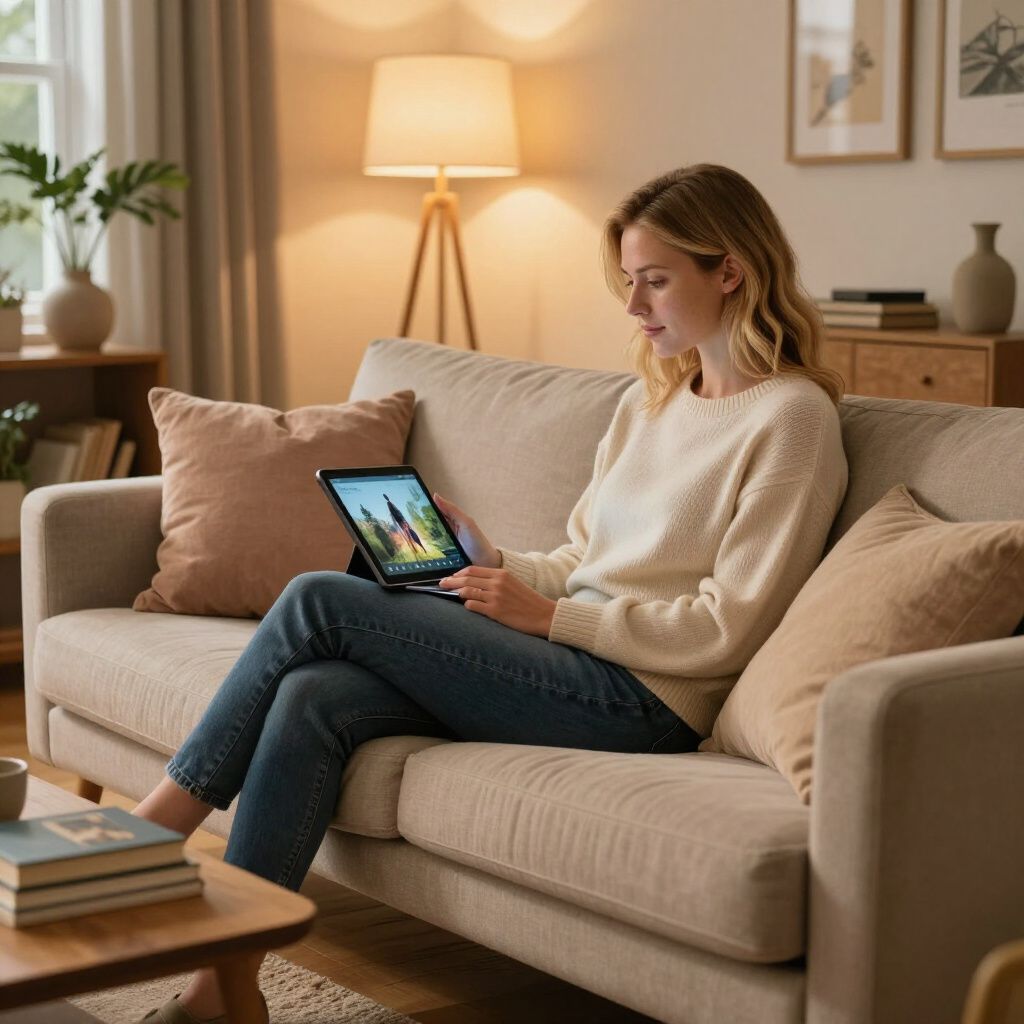 Woman seated on a couch, using a tablet. Living room setting, neutral tones, warm lighting.