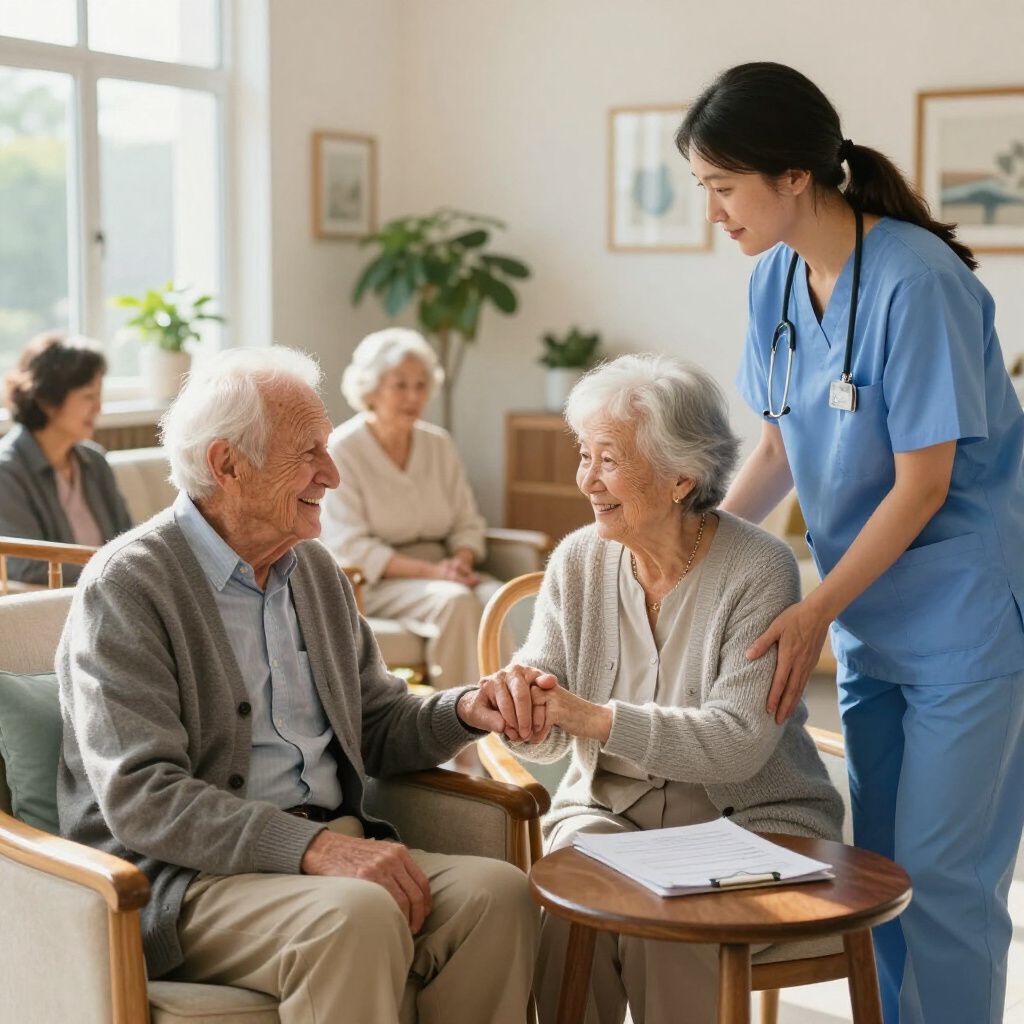 A nurse assists elderly couple in a sunlit room, others seated nearby.