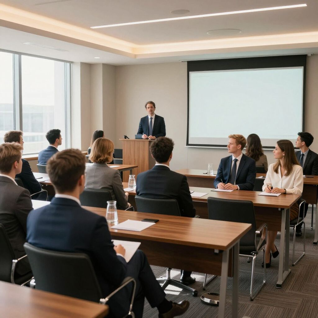 Man giving a presentation in a modern conference room; attendees seated at desks, watching a screen.