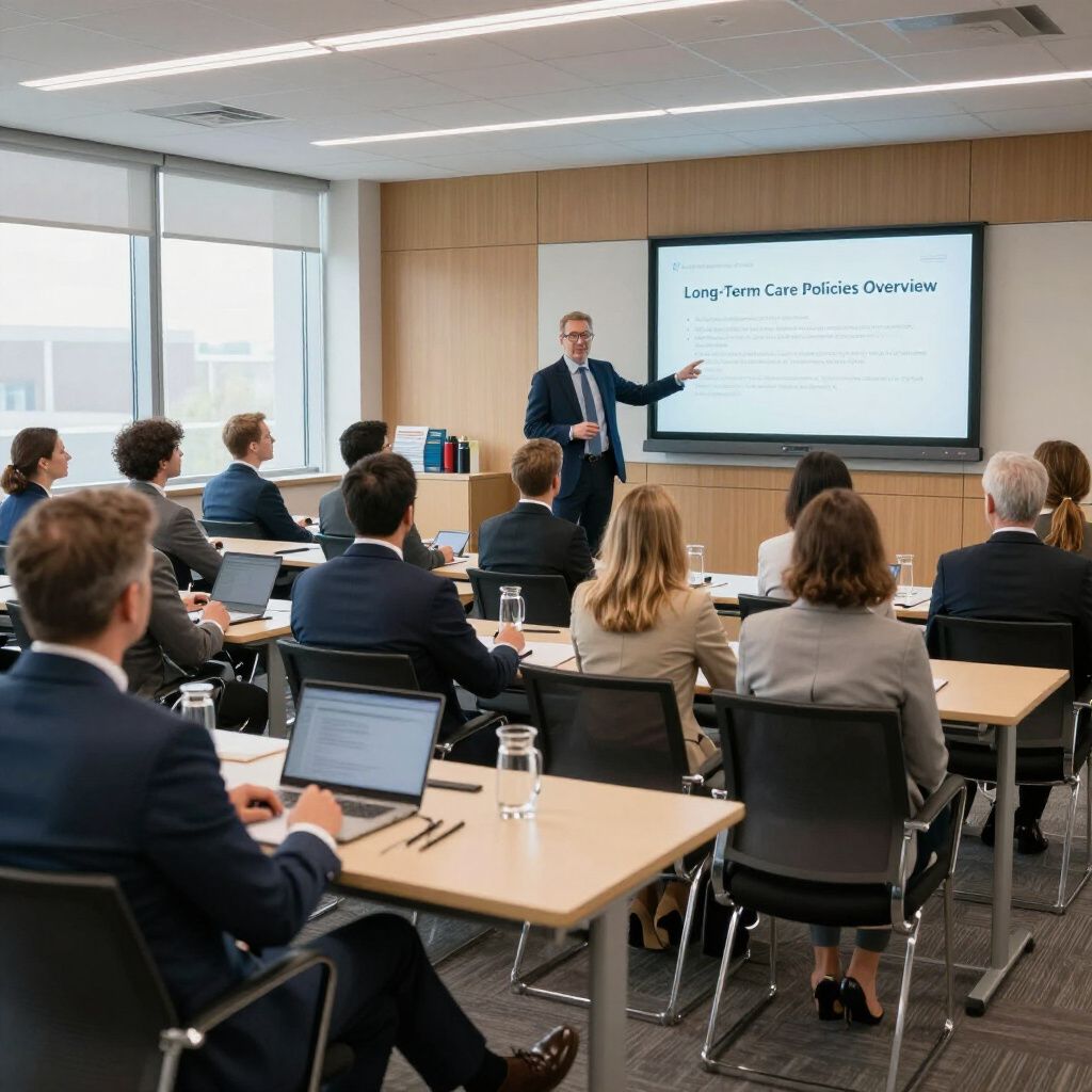 A man in a suit presents a slide to a group of people in an office setting.