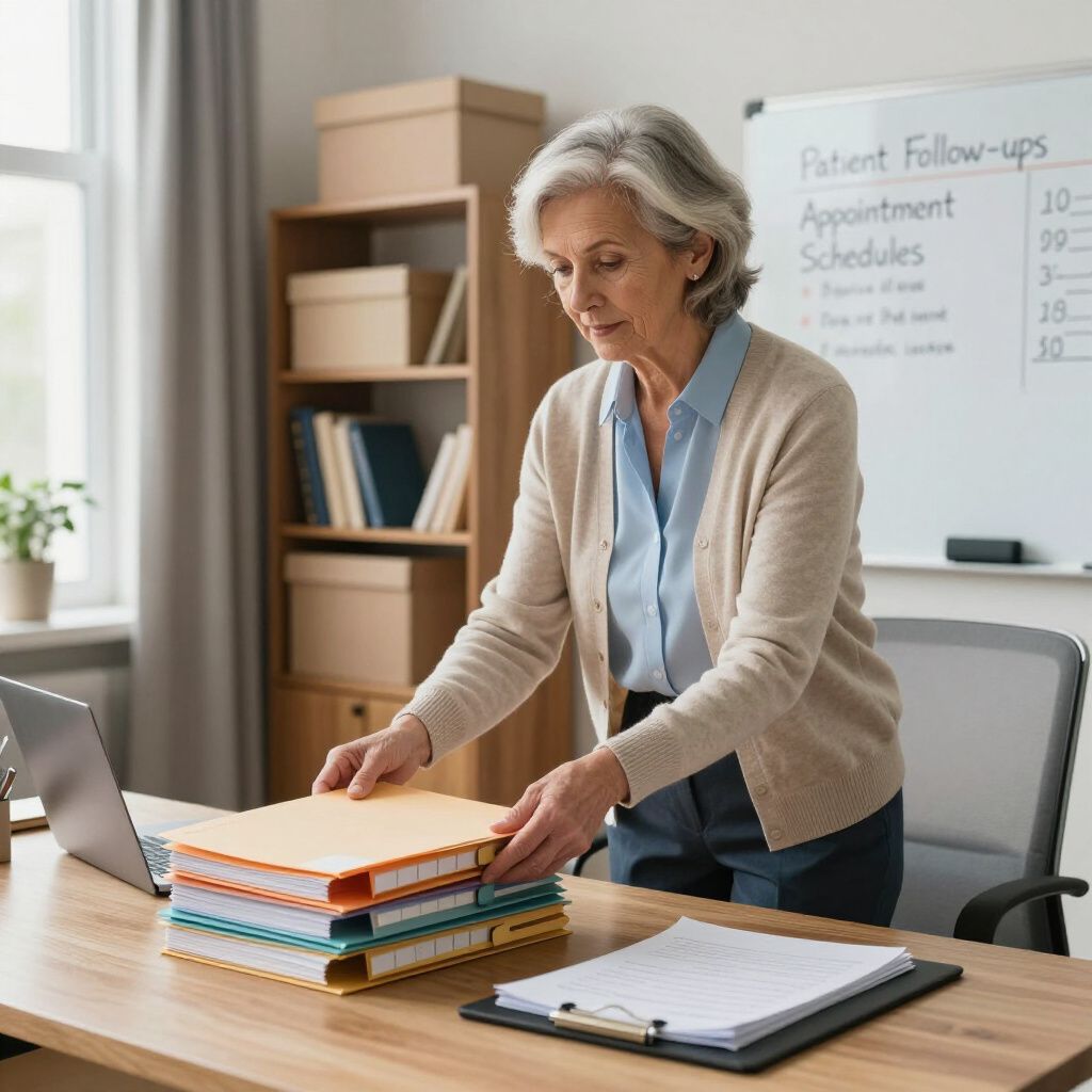 Woman in office placing files on desk; whiteboard in background.