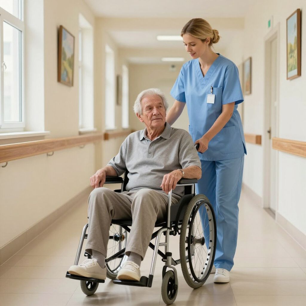 Nurse pushing a person in a wheelchair down a hospital hallway.