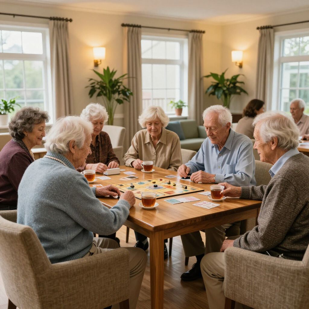 Group of seniors playing a board game at a table in a well-lit room with windows and plants.