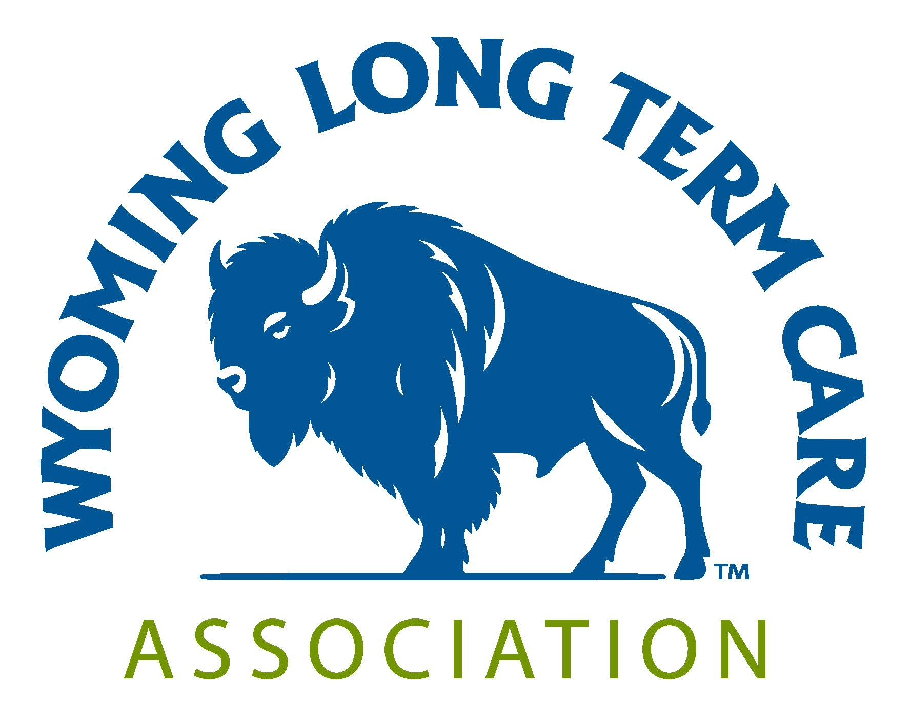 Logo for Wyoming Long Term Care Association: blue bison inside an arch of text, green text at bottom.