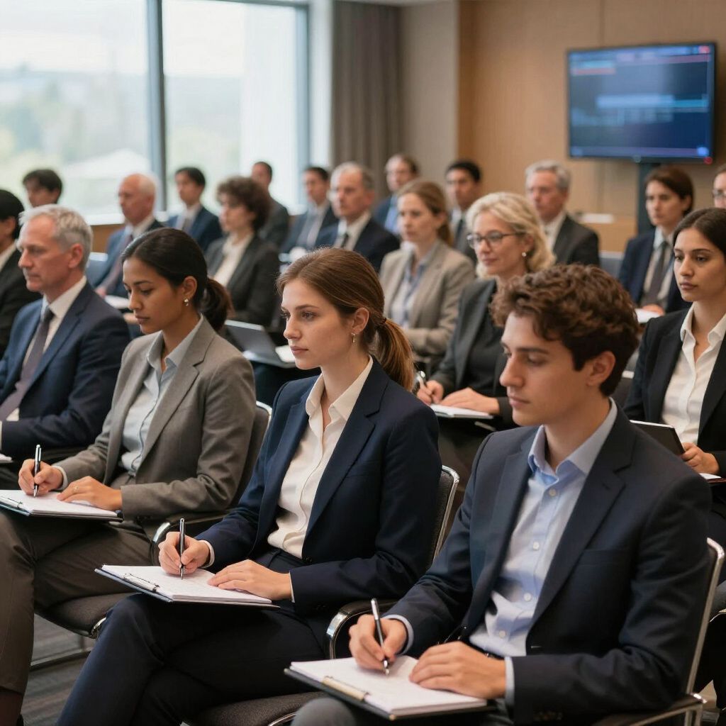 People in business suits taking notes in a conference room, focused on a presentation.