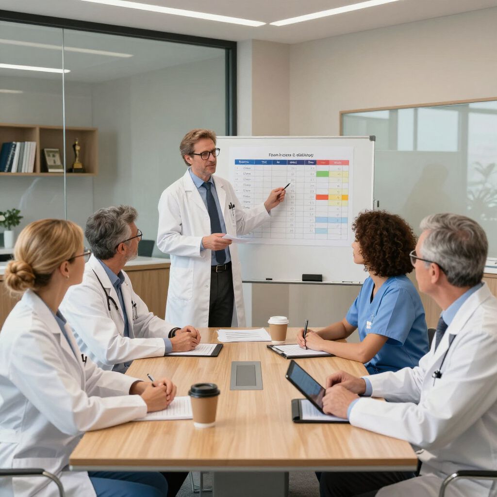 Medical team in meeting, reviewing a schedule on a whiteboard.