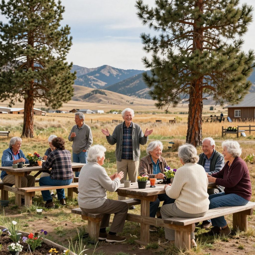 Group of people at picnic tables, some tending plants. Mountain and field in the background. Sunny day.