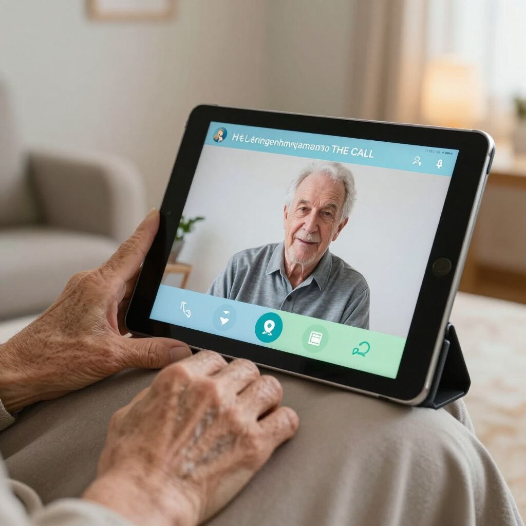 A person holds a tablet showing a video call with a smiling elderly person.