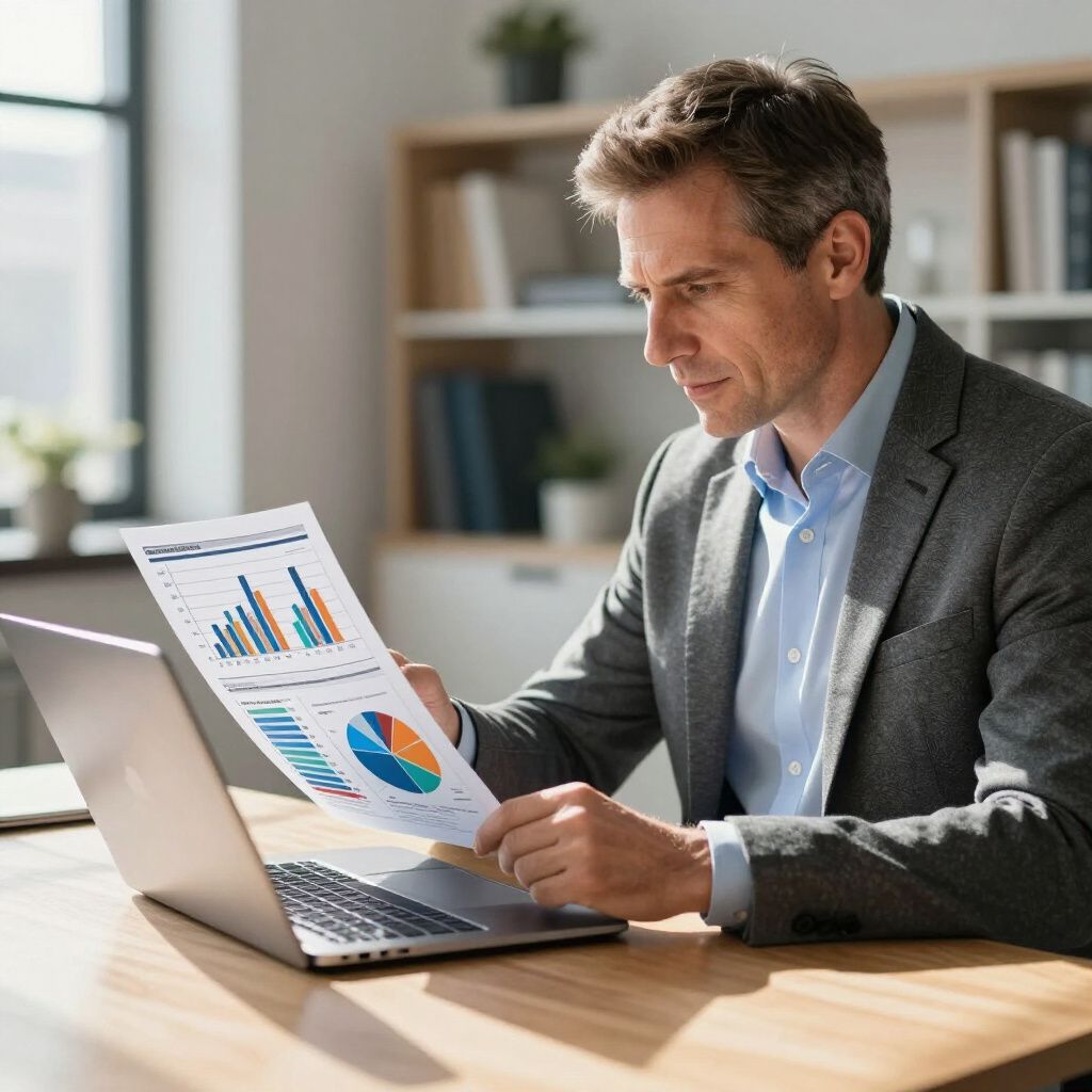 Man in gray blazer examines charts and laptop in office.