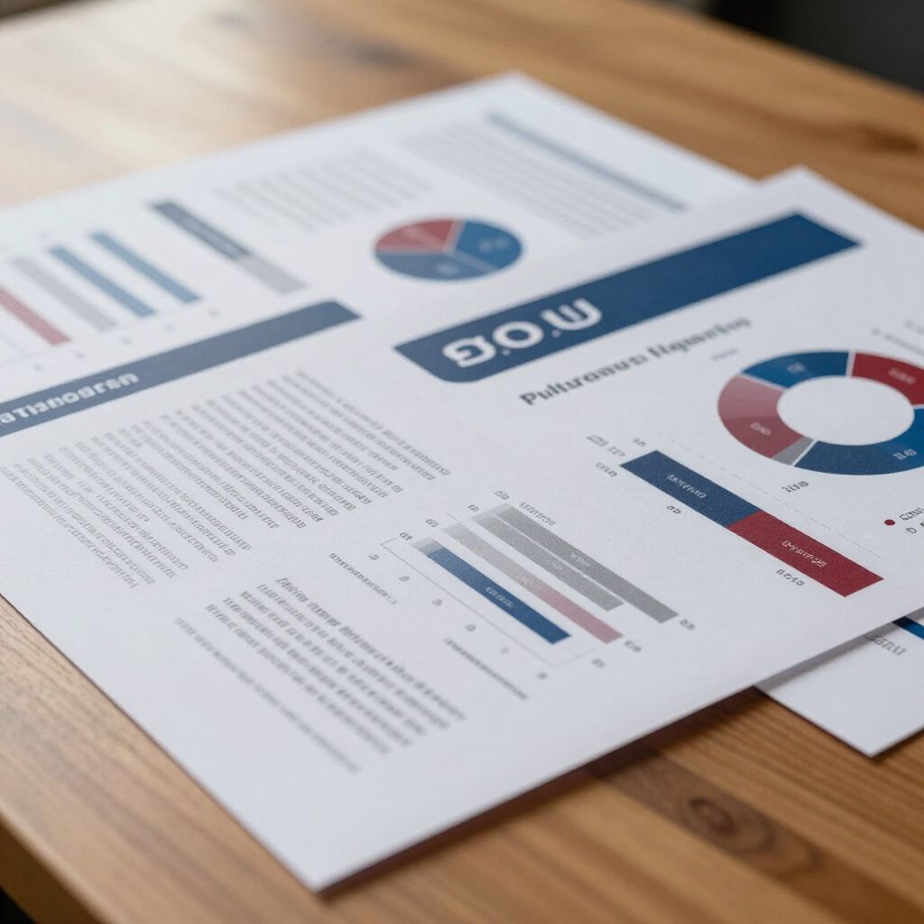 Reports with bar and pie charts, red, blue, and gray, on a wooden surface.