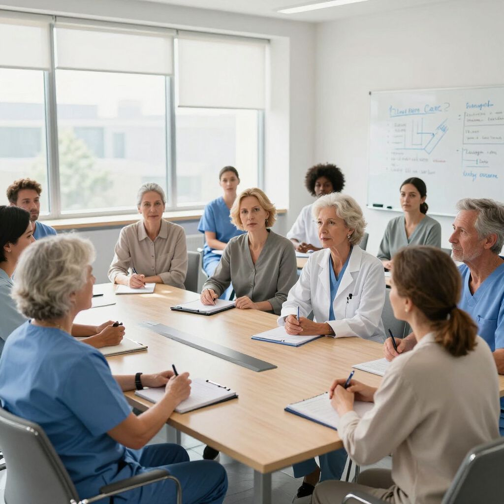 Medical professionals in a meeting at a conference table, taking notes. Bright room with a window and a whiteboard.