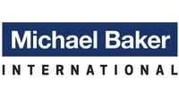 Logo for Michael Baker International with white text on a blue rectangle above the word
