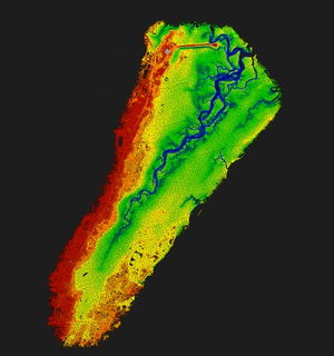 A digital elevation model showing a winding river channel in blue through a green floodplain, flanked by red high ground.