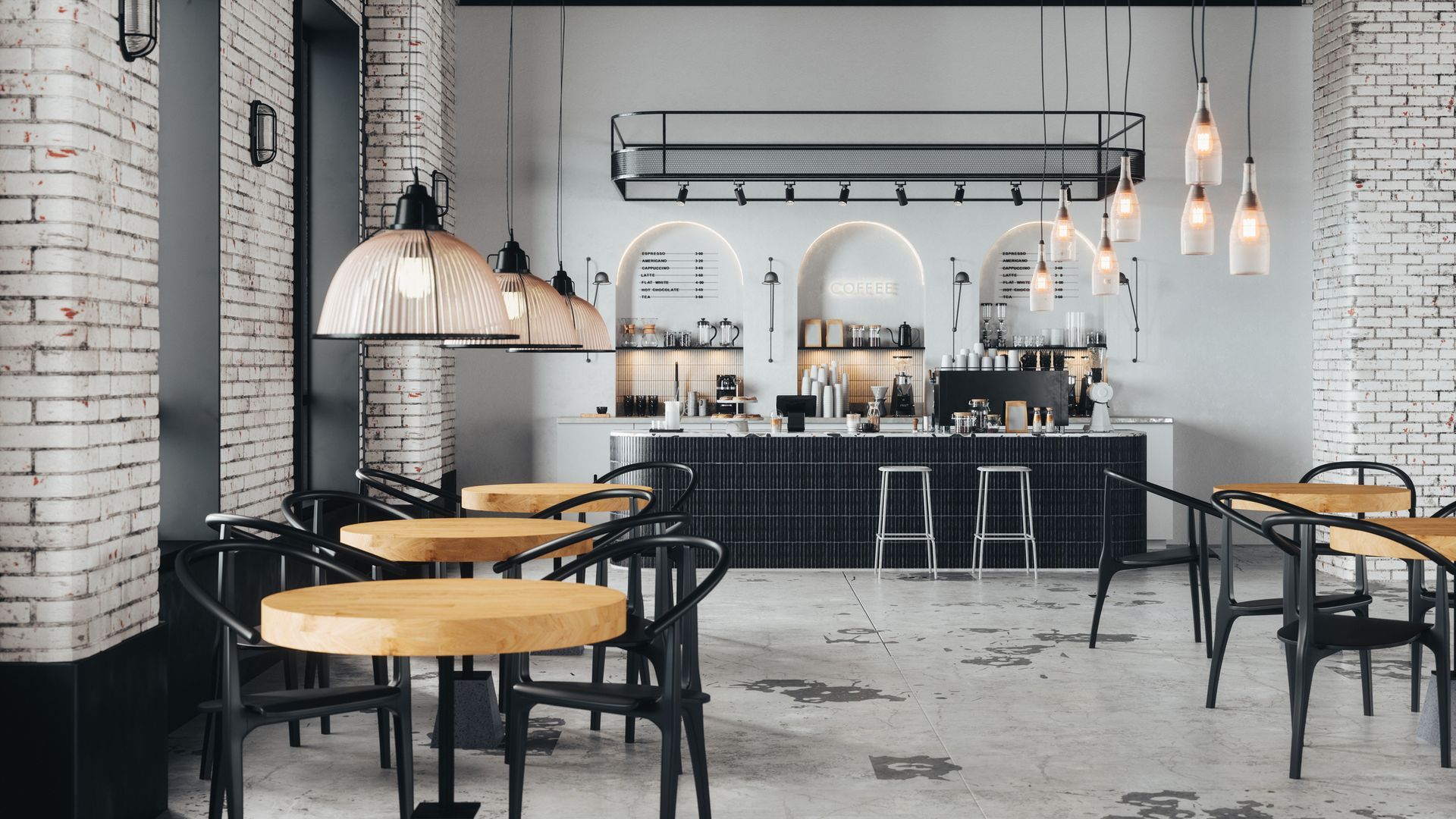A restaurant with tables and chairs and a counter.