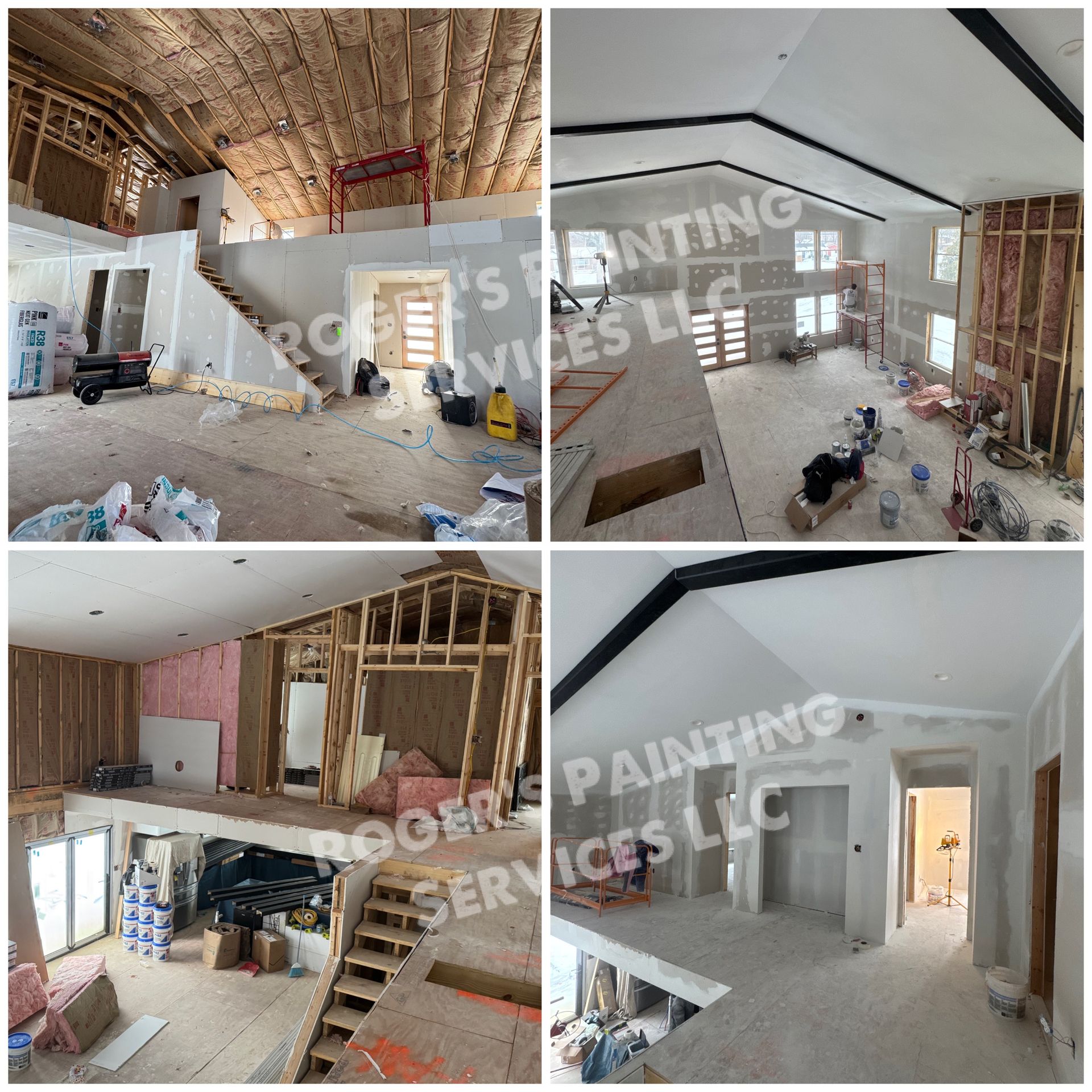 A collage of four pictures of a house under construction by roger 's painting services llc