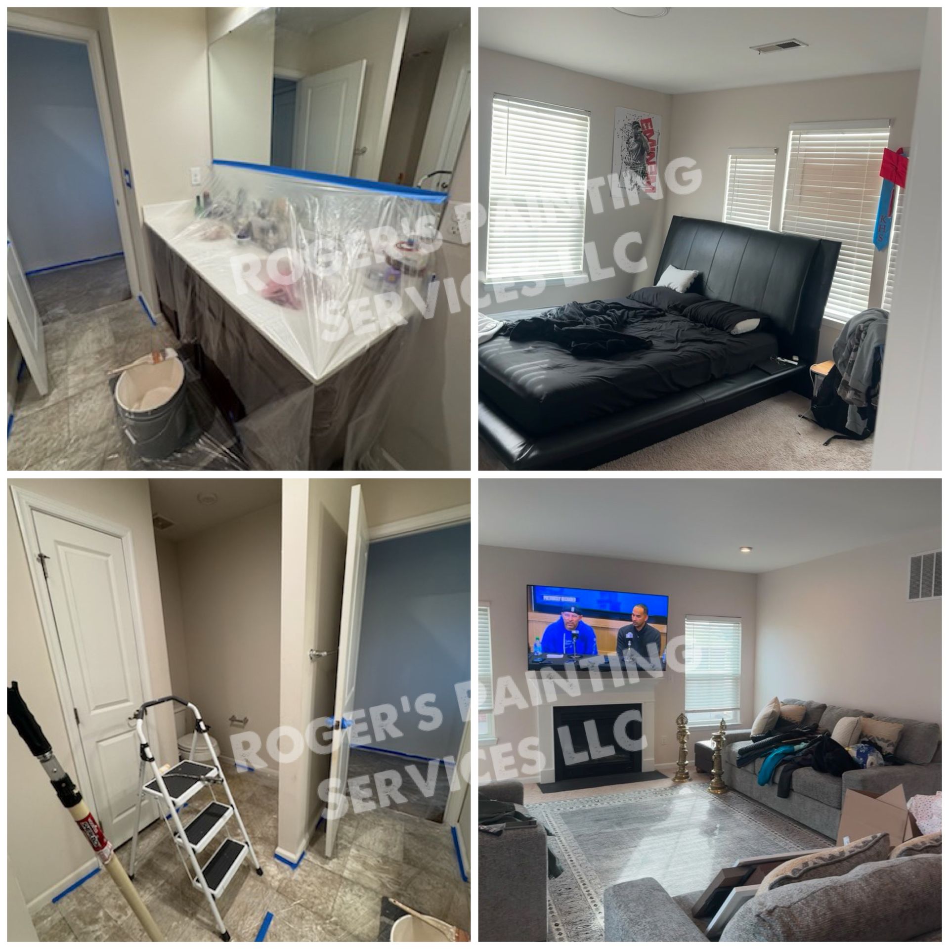 A collage of four pictures of a house being painted by roger 's painting services llc.