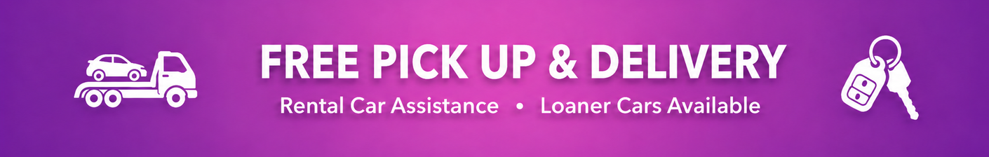 Purple banner reading “FREE PICK UP & DELIVERY” with car and key icons, and smaller text “Rental Car Also Available”
