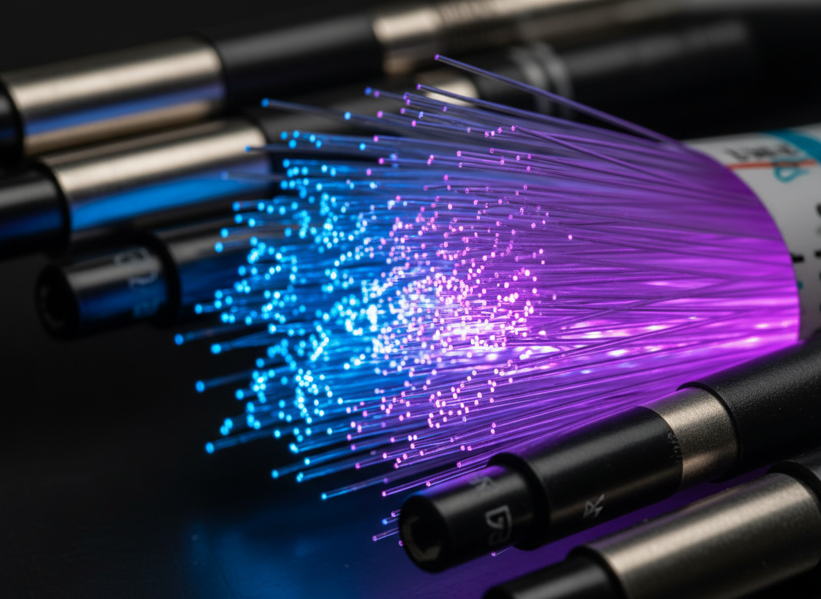 Close-up of fiber optic cables with light transmission