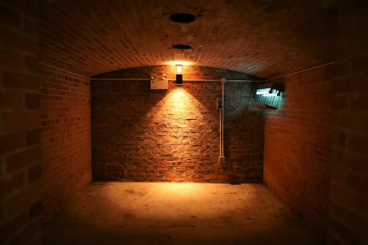 A dark room with a brick wall and a light on the ceiling.