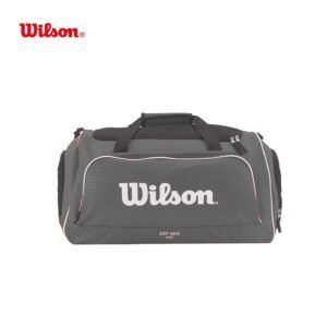 Bolsa de tenis Wilson, azul marino con logotipo blanco y detalles verdes.