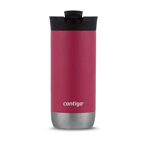 Taza de viaje Contigo color burdeos con tapa negra sobre fondo blanco.