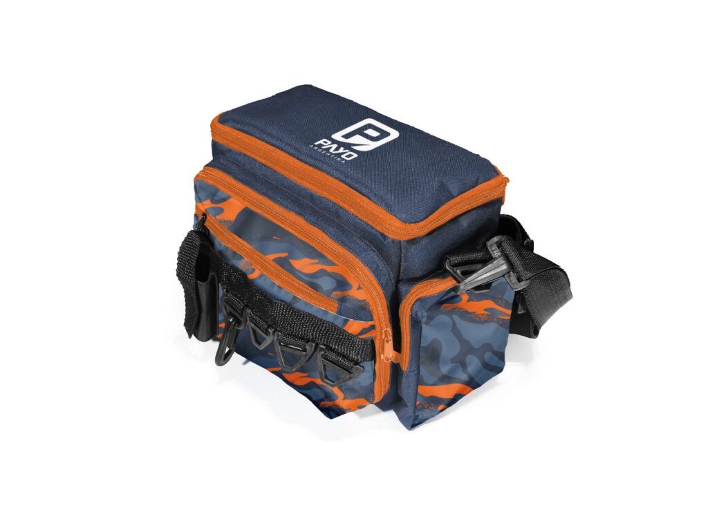 Bolsa de golf de disco azul y naranja con múltiples bolsillos, sobre fondo blanco.