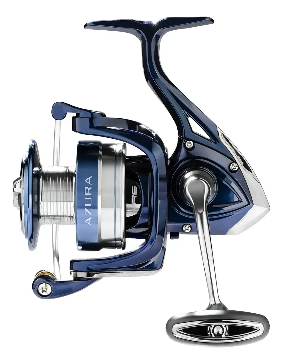 Carrete giratorio Azura de color azul y plata, diseñado para la pesca.