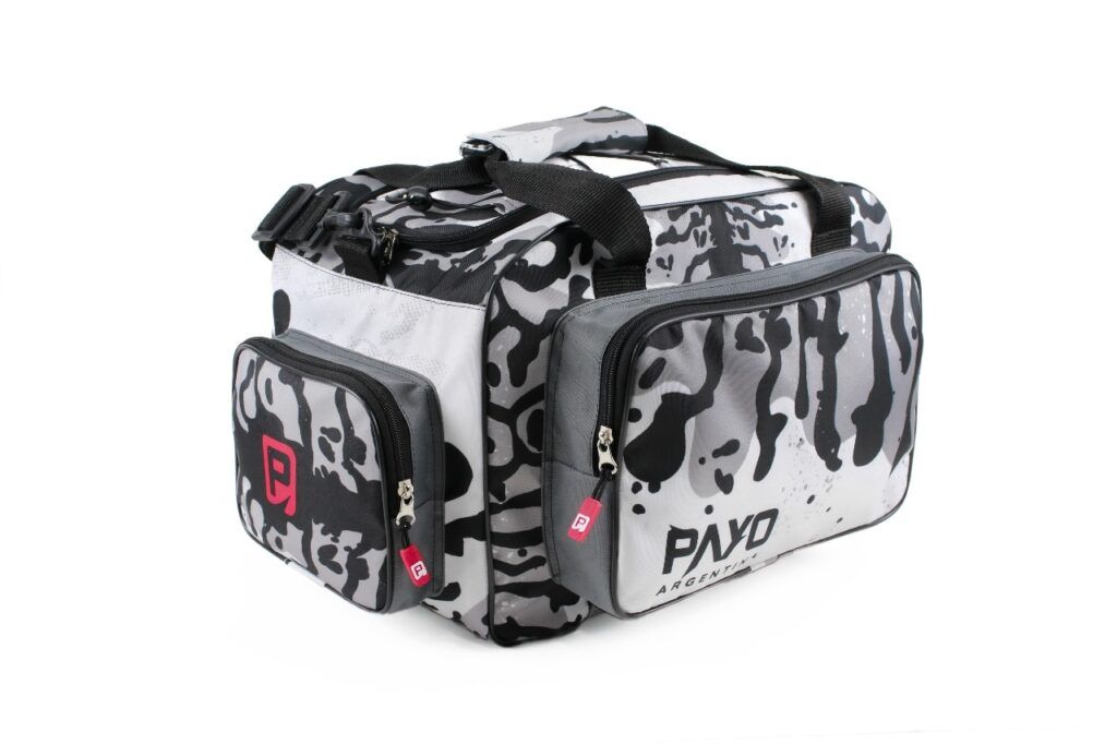 Bolsa de lona de camuflaje azul y naranja con múltiples compartimentos.