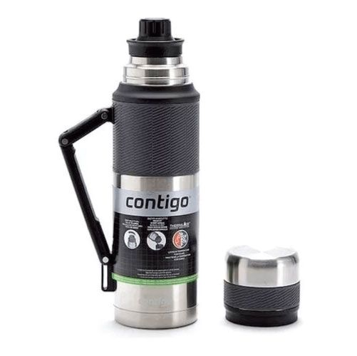 Botella térmica Contigo de acero inoxidable con asa y tapa abierta.