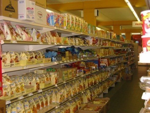 scaffali cin prodotti da colazione