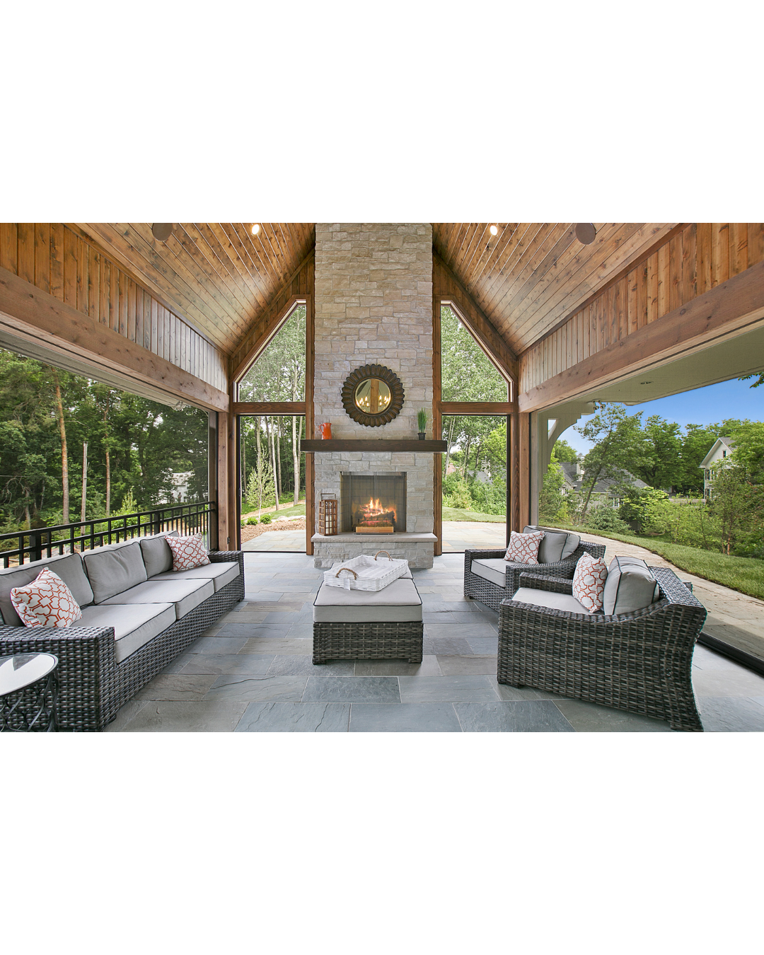 There is a fireplace in the middle of the room.