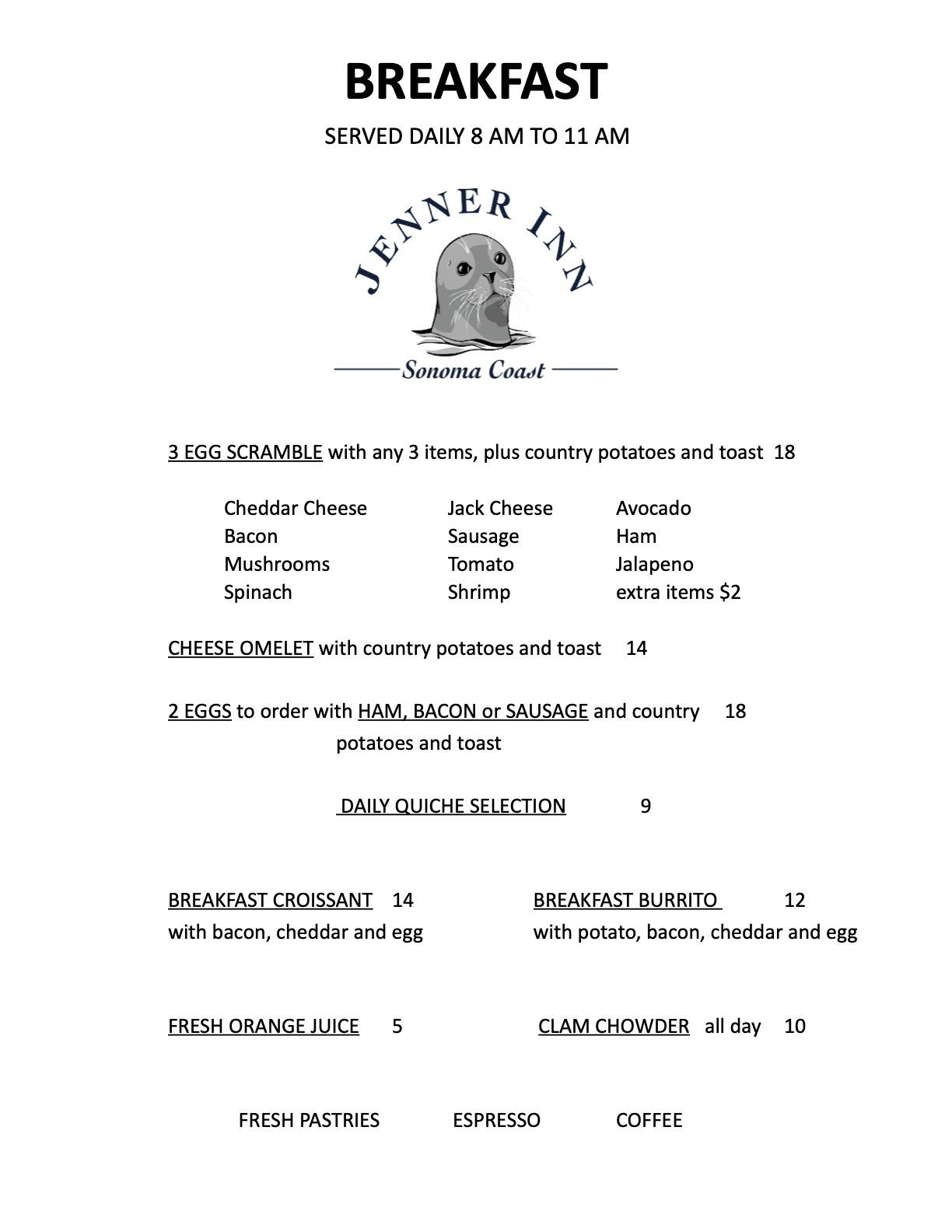 Breakfast menu from Jenner Inn, offering a 3-egg scramble, omelets, and breakfast sandwiches, with sides like toast and potatoes.