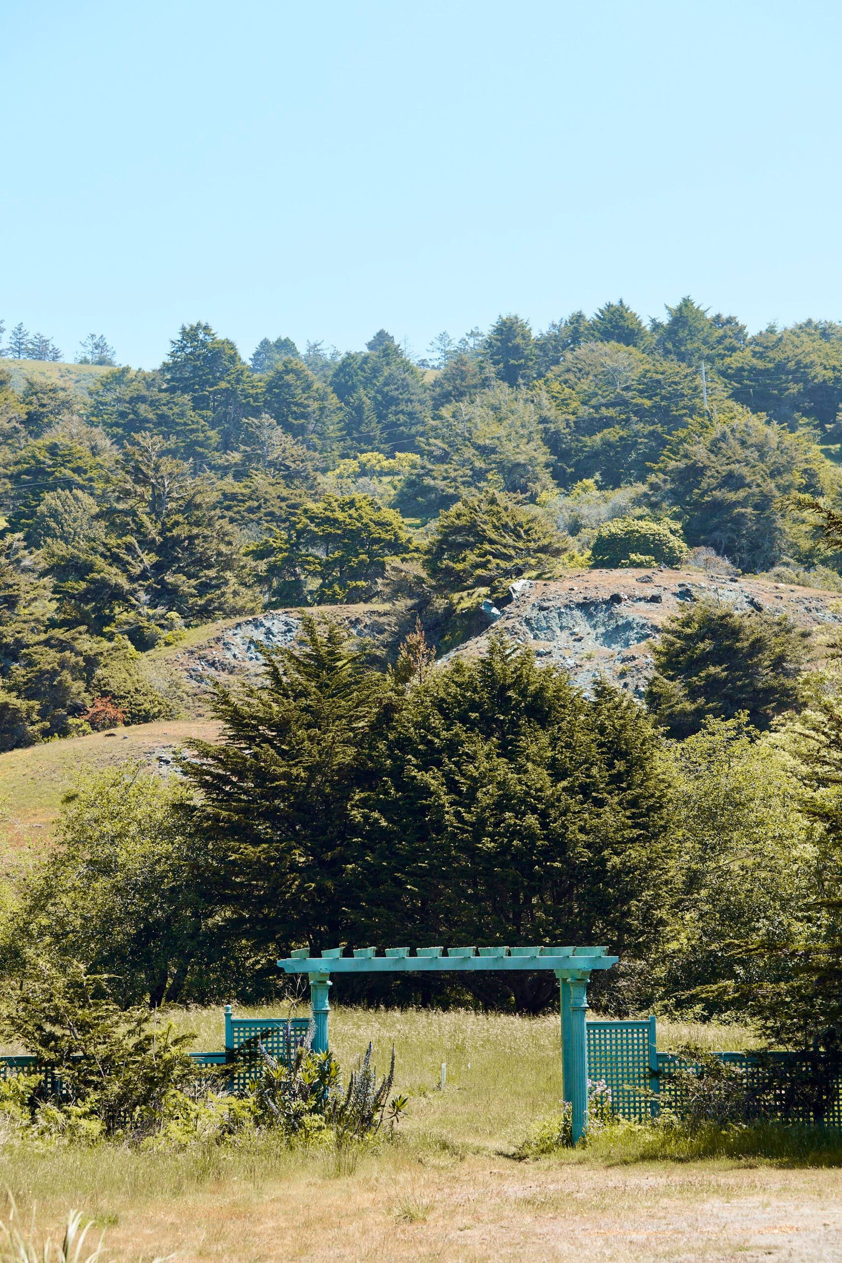A turquoise arbor and fence frame a view of a hillside covered in trees under a blue sky.
