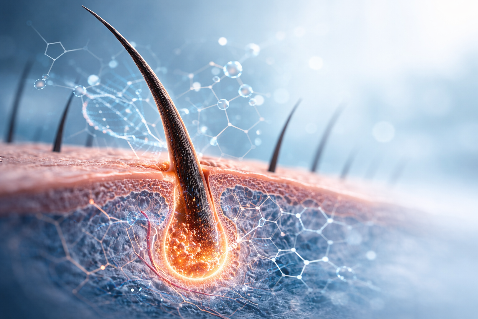 Wetenschappelijke illustratie van een haarfollikel met moleculaire structuren die onderzoek naar nieuwe behandelingen tegen haarverlies zoals clascoterone en PP405 visualiseert.