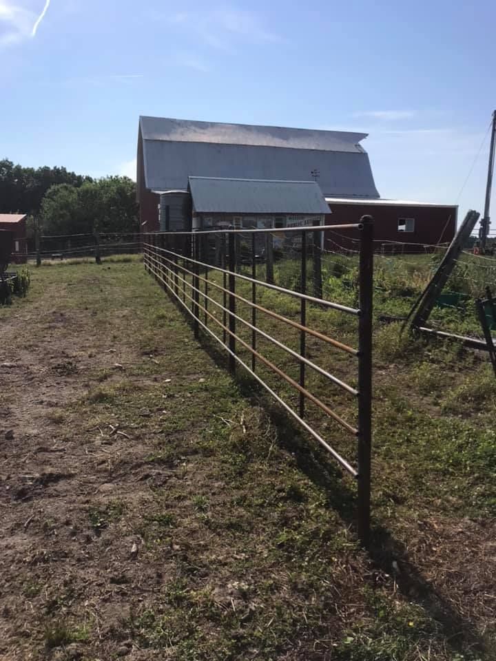 A metal farm fence stretches across a grassy field toward a large red barn under a clear blue sky.