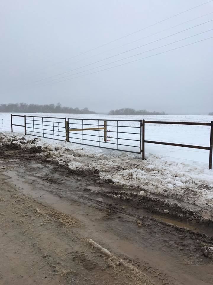 A metal fence and gate bordering a snow-covered field with a muddy dirt road in the foreground.