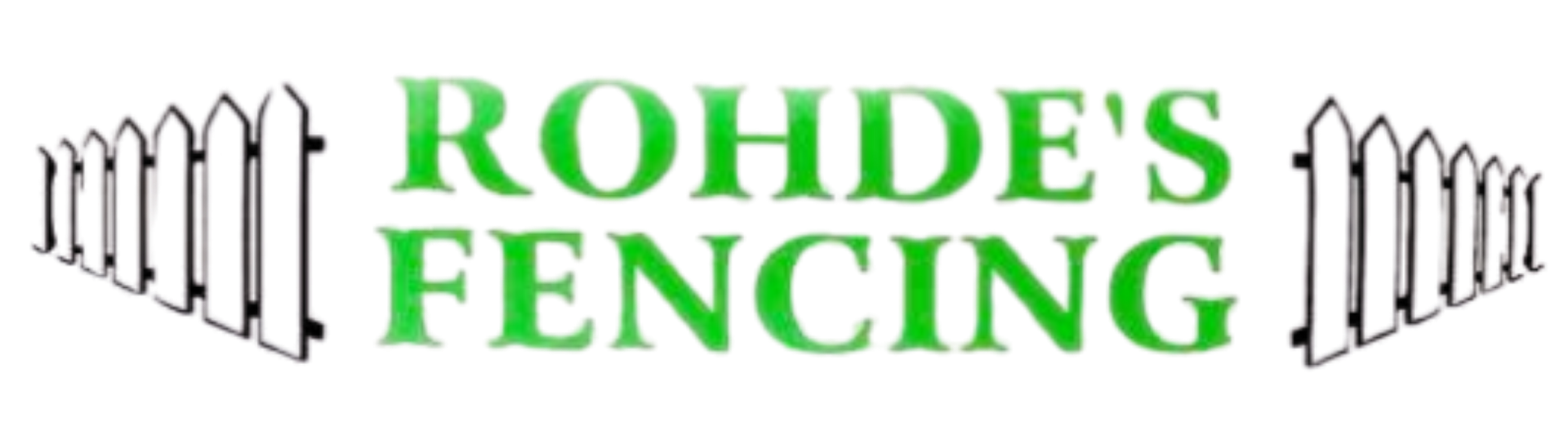 Logo for Rohde’s Fencing with green text surrounded by white picket fence illustrations on the left and right sides.