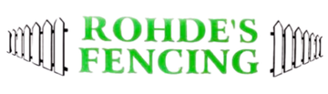 Logo for Rohde’s Fencing with green text surrounded by white picket fence illustrations on the left and right sides.