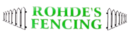 Logo for Rohde’s Fencing with green text surrounded by white picket fence illustrations on the left and right sides.