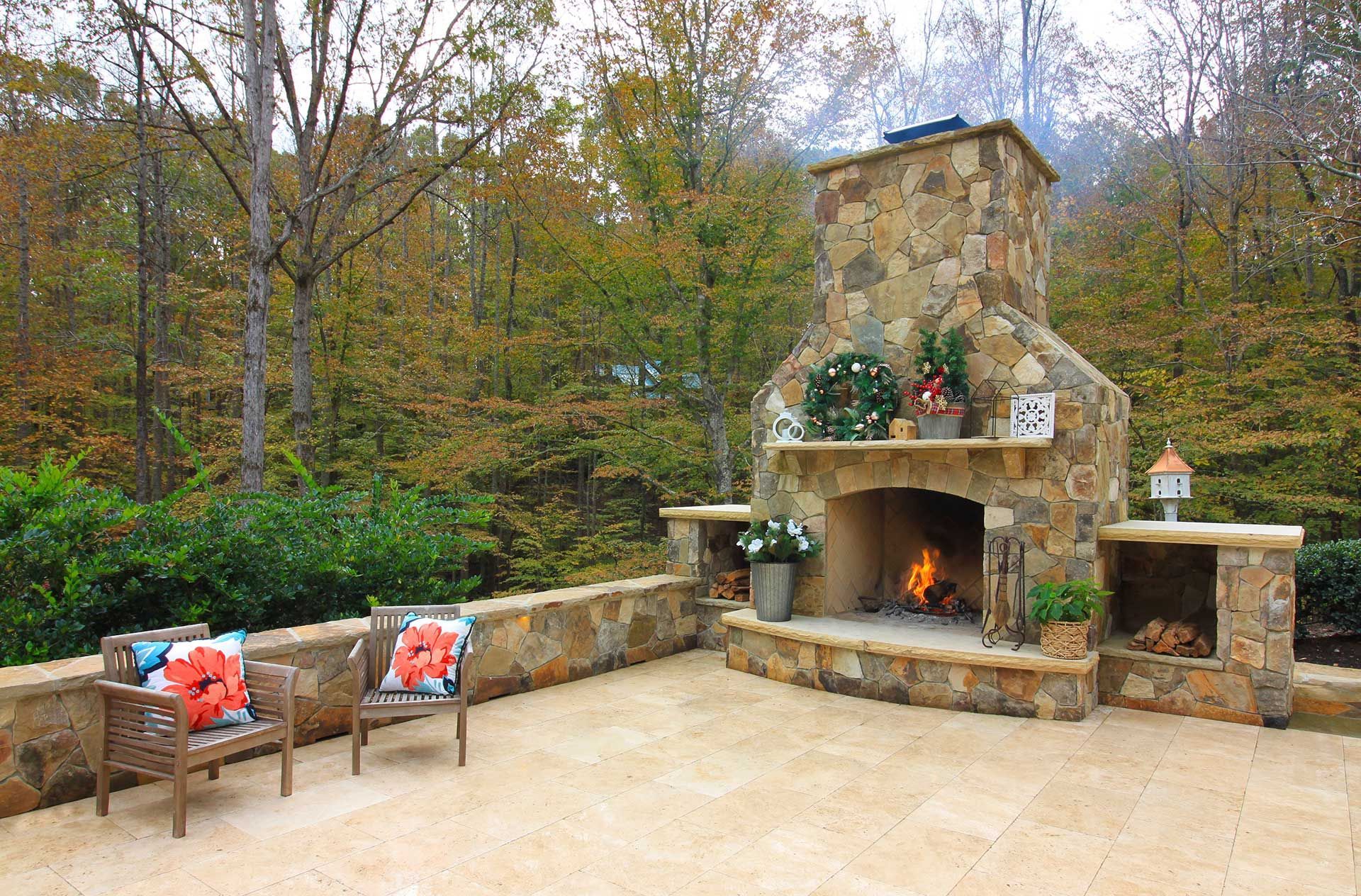 Stone outdoor fireplace