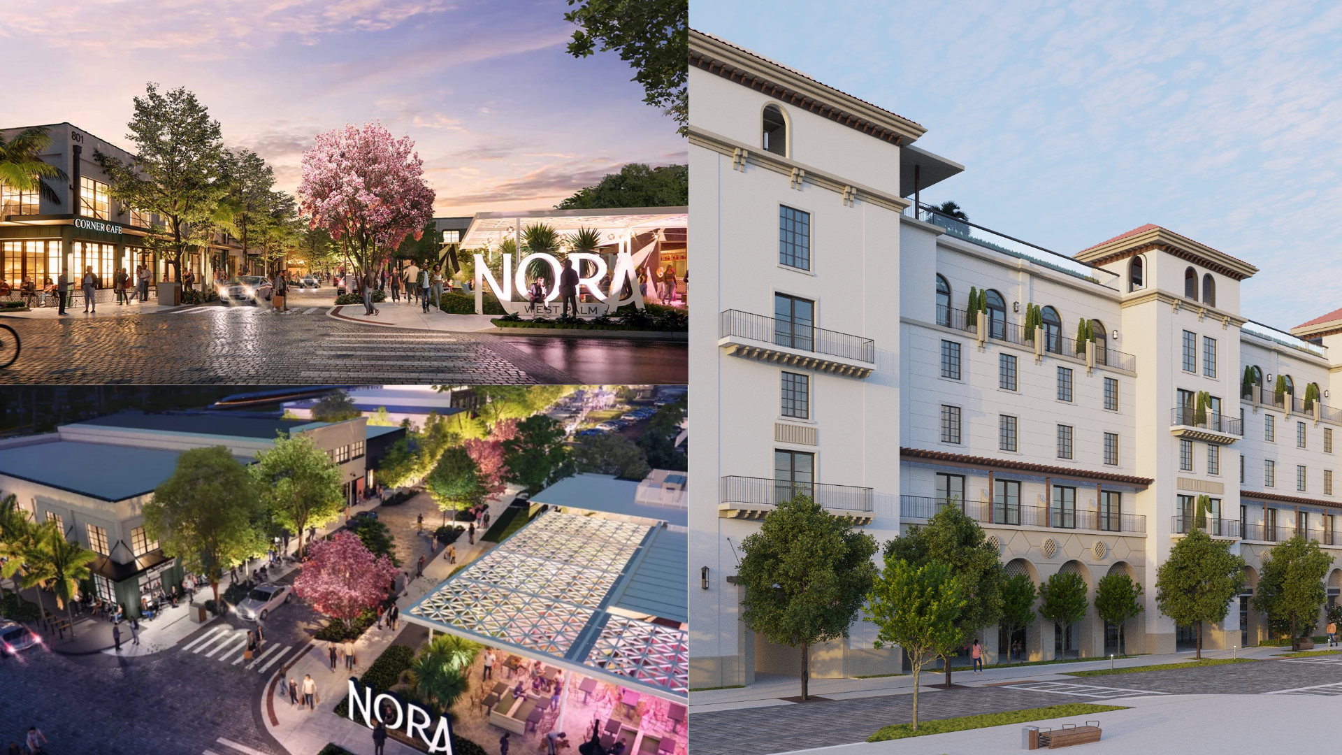 Collage of a white house, sunset-lit exterior, and fenced backyard with fire pit and patio seating