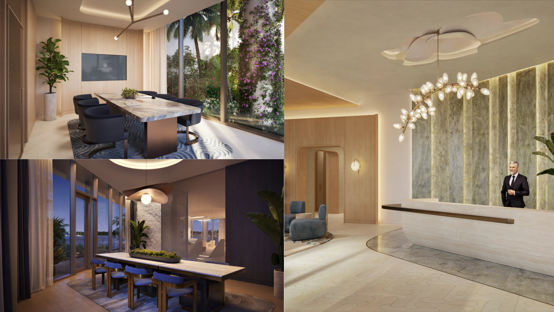 Collage of a white house, sunset-lit exterior, and fenced backyard with fire pit and patio seating