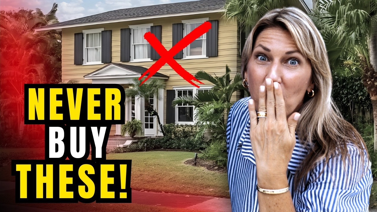 House exterior with red X and text “NEVER BUY THESE!” beside a shocked woman covering her mouth