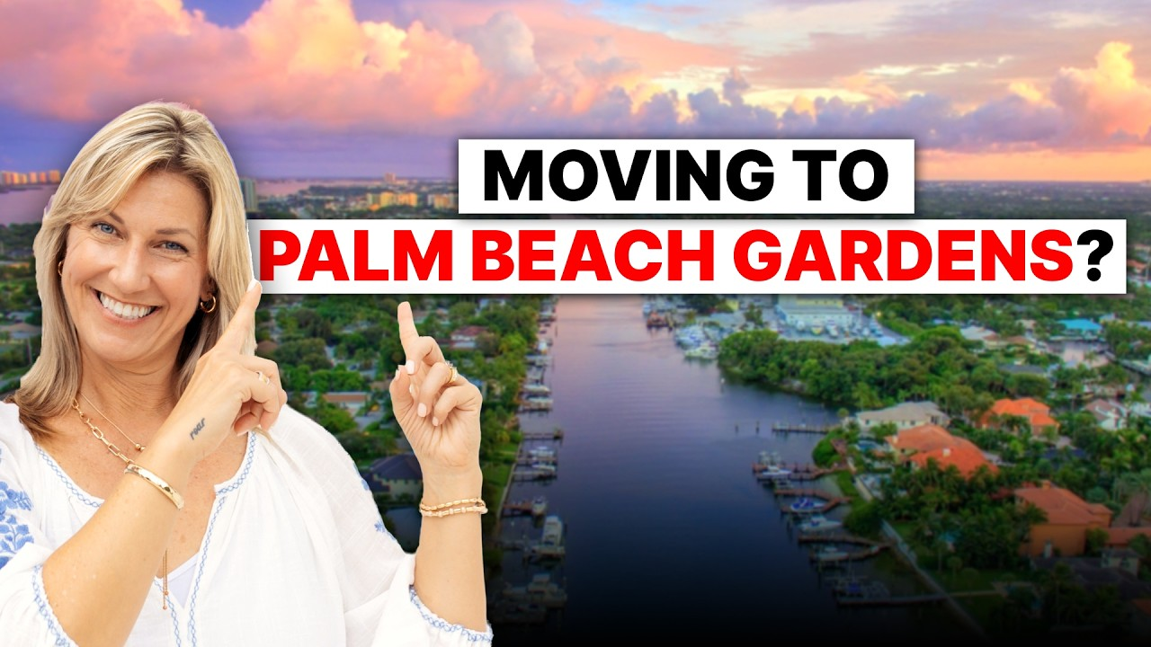 Woman pointing at a sunset aerial view with text: “Moving to Palm Beach Gardens?”