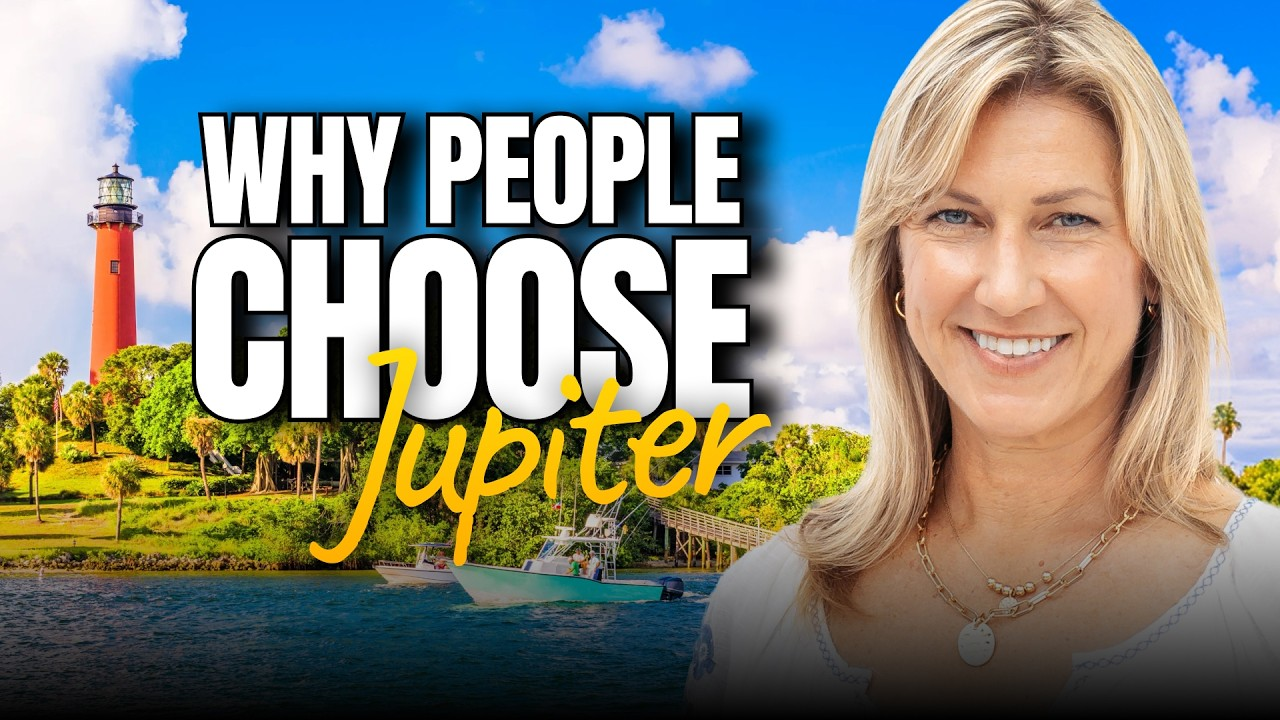“Why People Choose Jupiter” text over a lighthouse, palm trees, water, and smiling woman at right